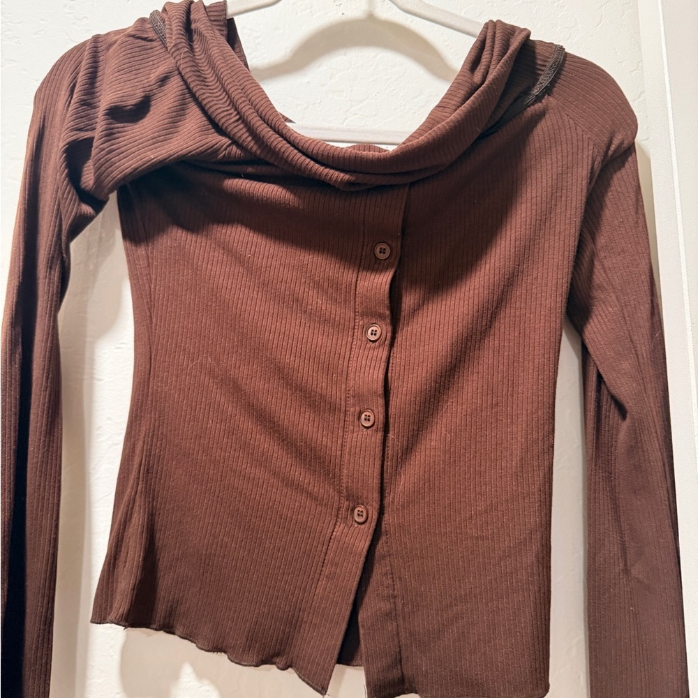 Princess Polly Chocolate Ribbed Button-Down Top
